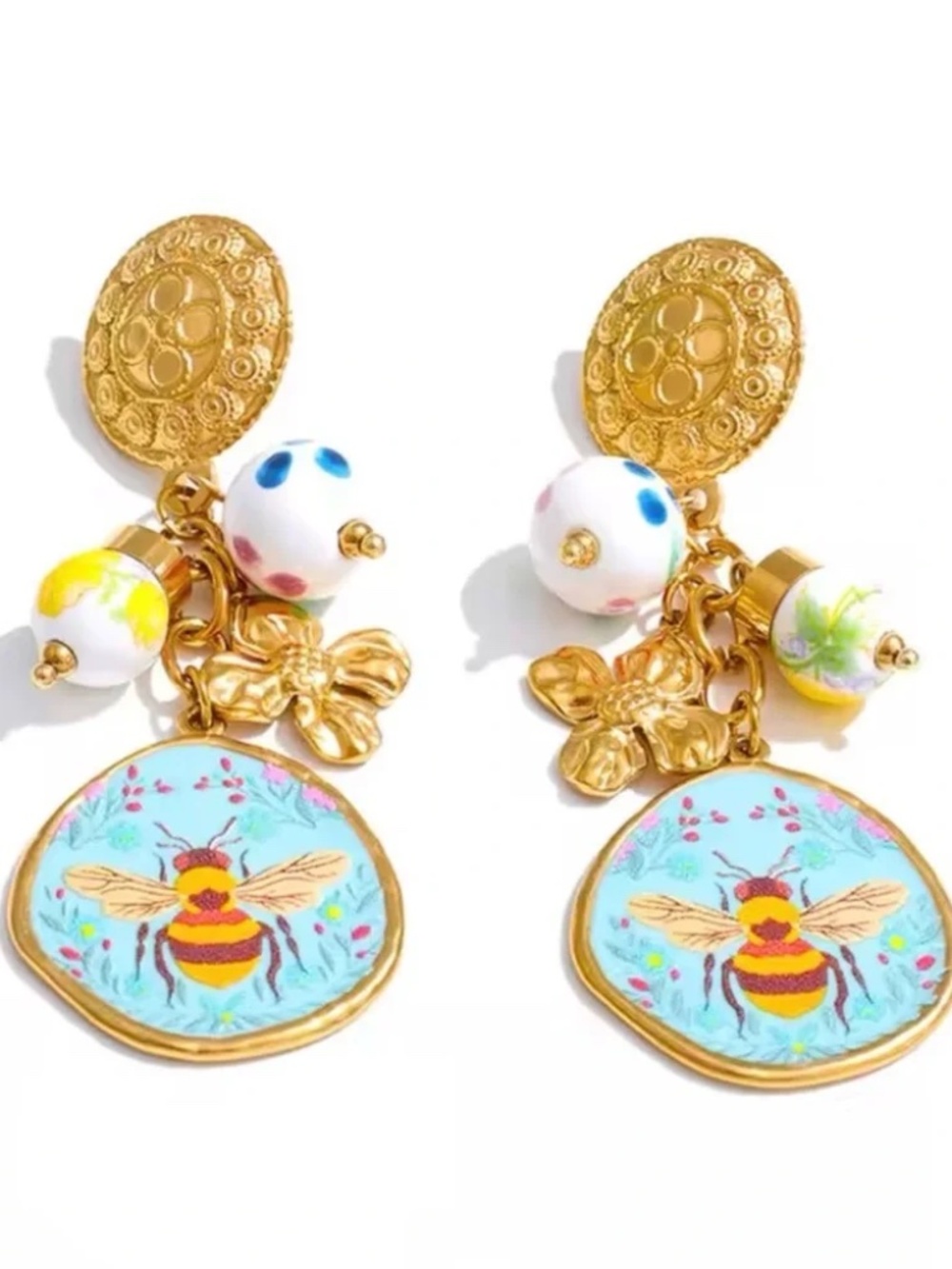 Boutique Sara Sotti Stainless Steel Gold Bee Drop Earrings with Enamel Discs